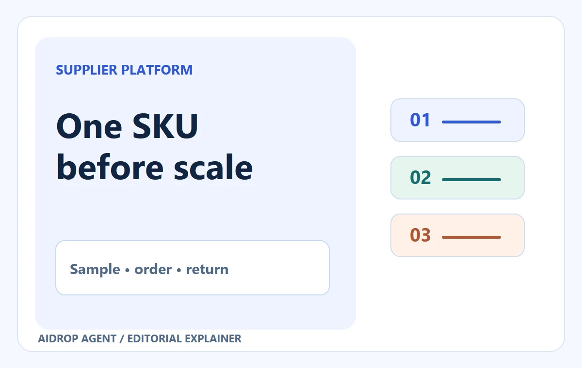 Editorial conceptual graphic for DropCommerce Dropshipping: Test a US Supplier Before Paying for Automation: One SKU before scale; Sample • order • return.