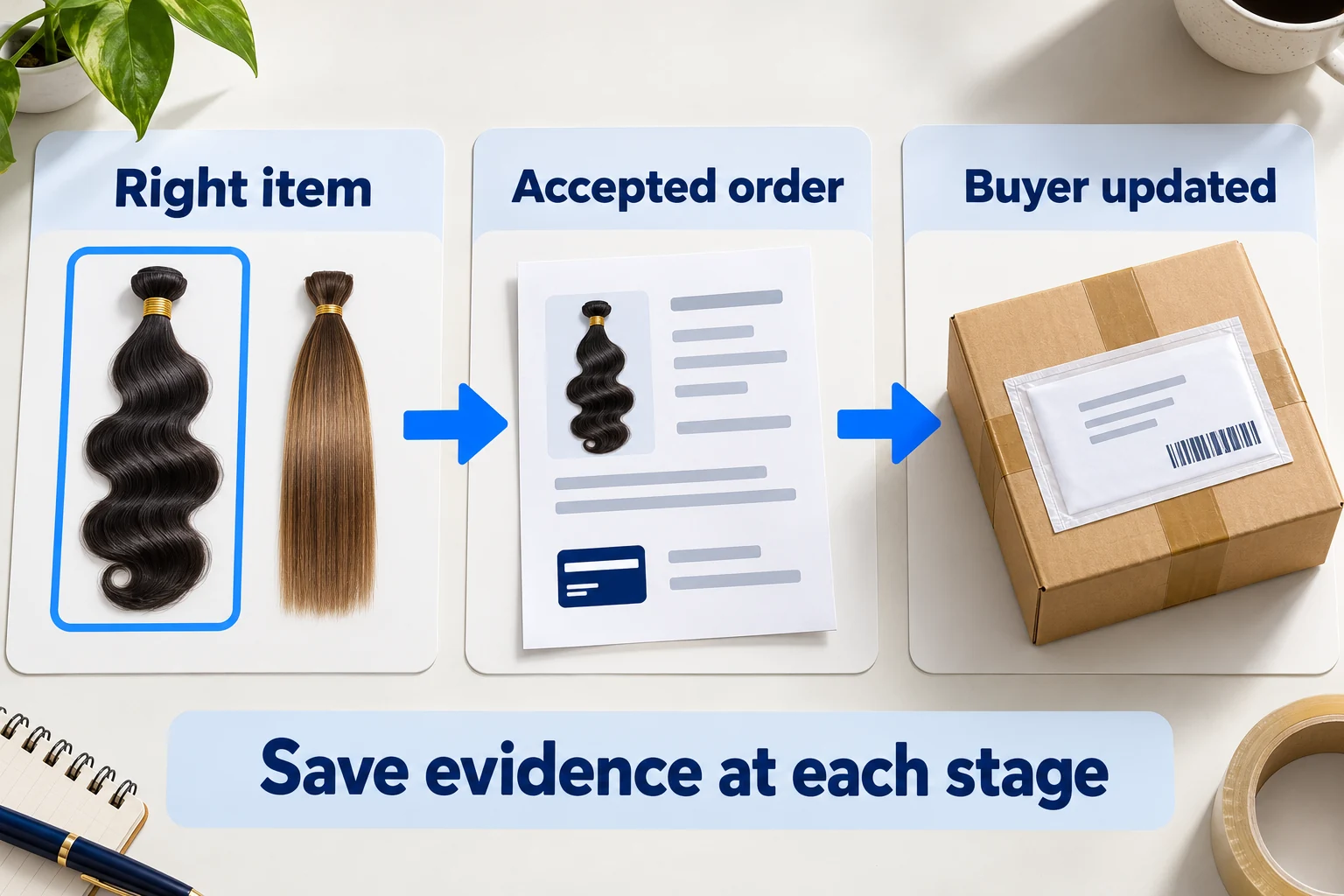 Illustrative selected hair item, matching accepted order and parcel tracking record with a reminder to save evidence