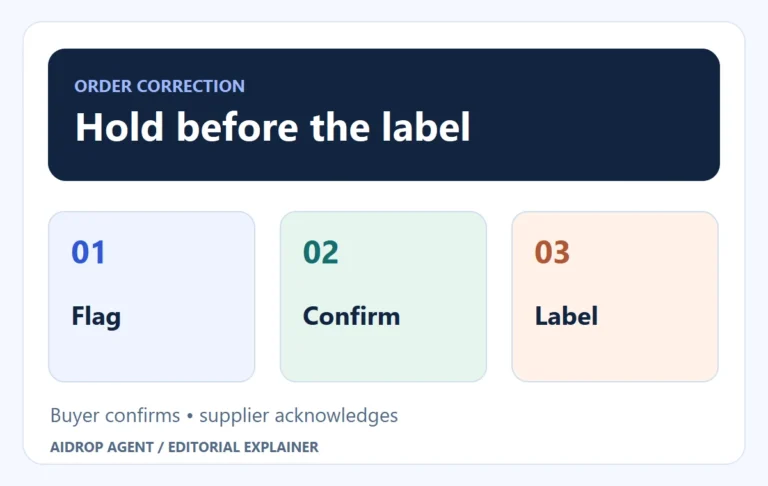 Editorial concept for Dropshipping Address Validation: Fix the Order Before Your Supplier Ships It: Buyer confirms • supplier acknowledges.