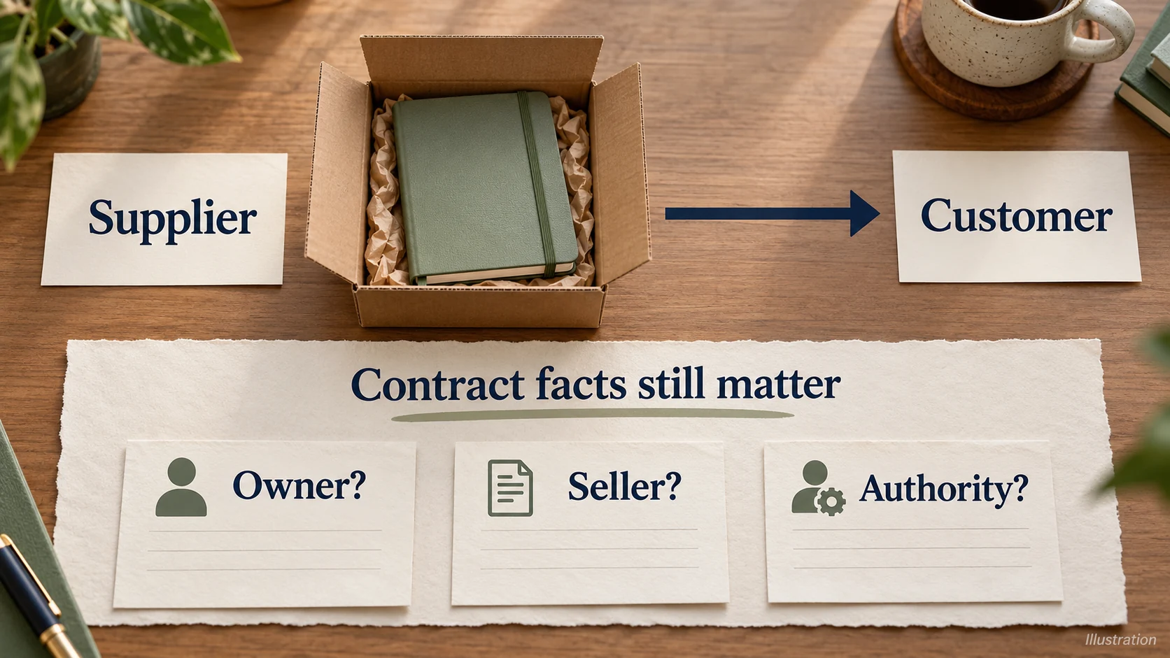 Illustrative notebook parcel moves from supplier to customer while owner, seller and authority remain separate contract questions.