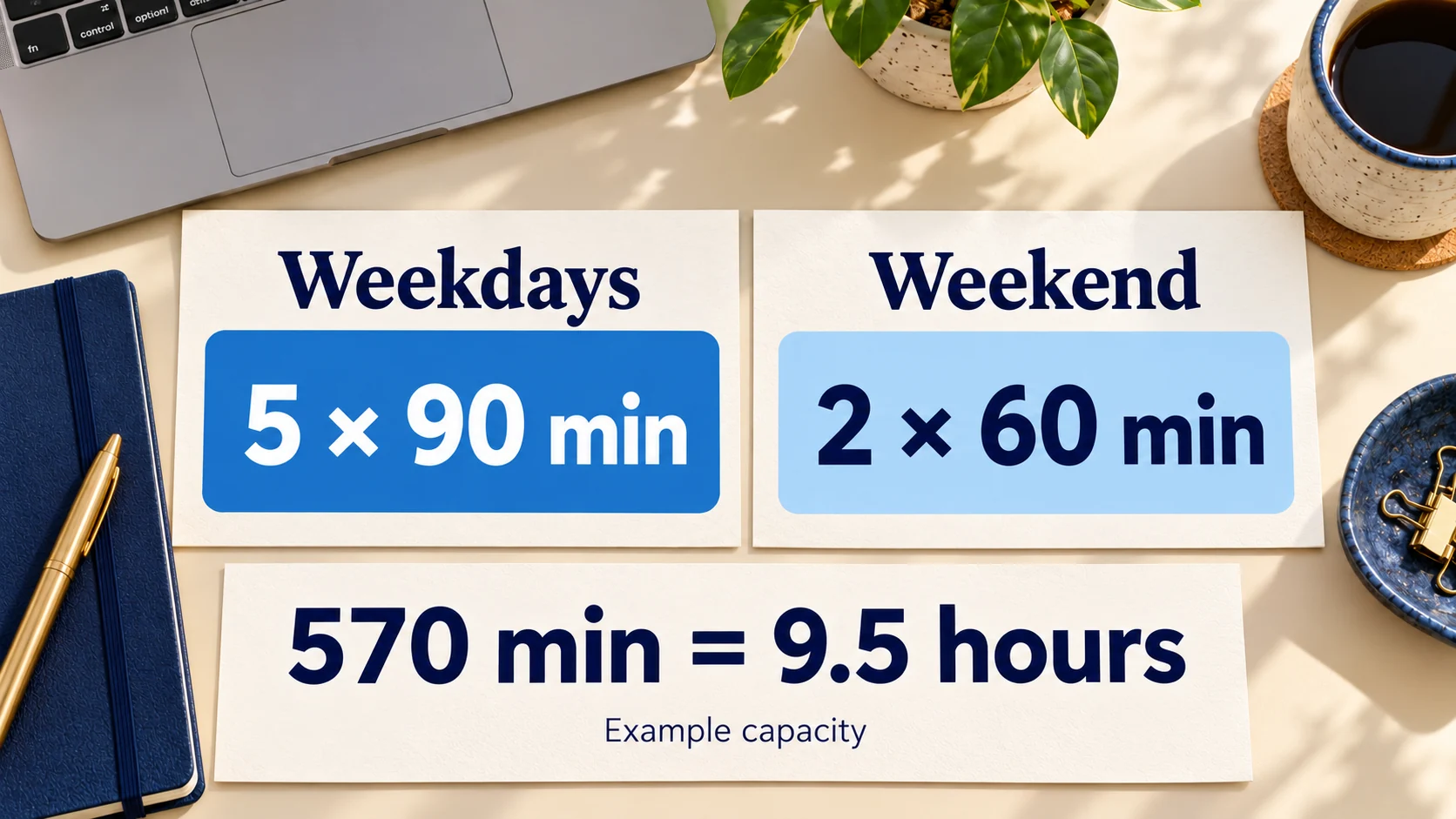 Illustrative five weekdays of 90 minutes plus two weekend days of 60 minutes totals 570 minutes or 9.5 hours available
