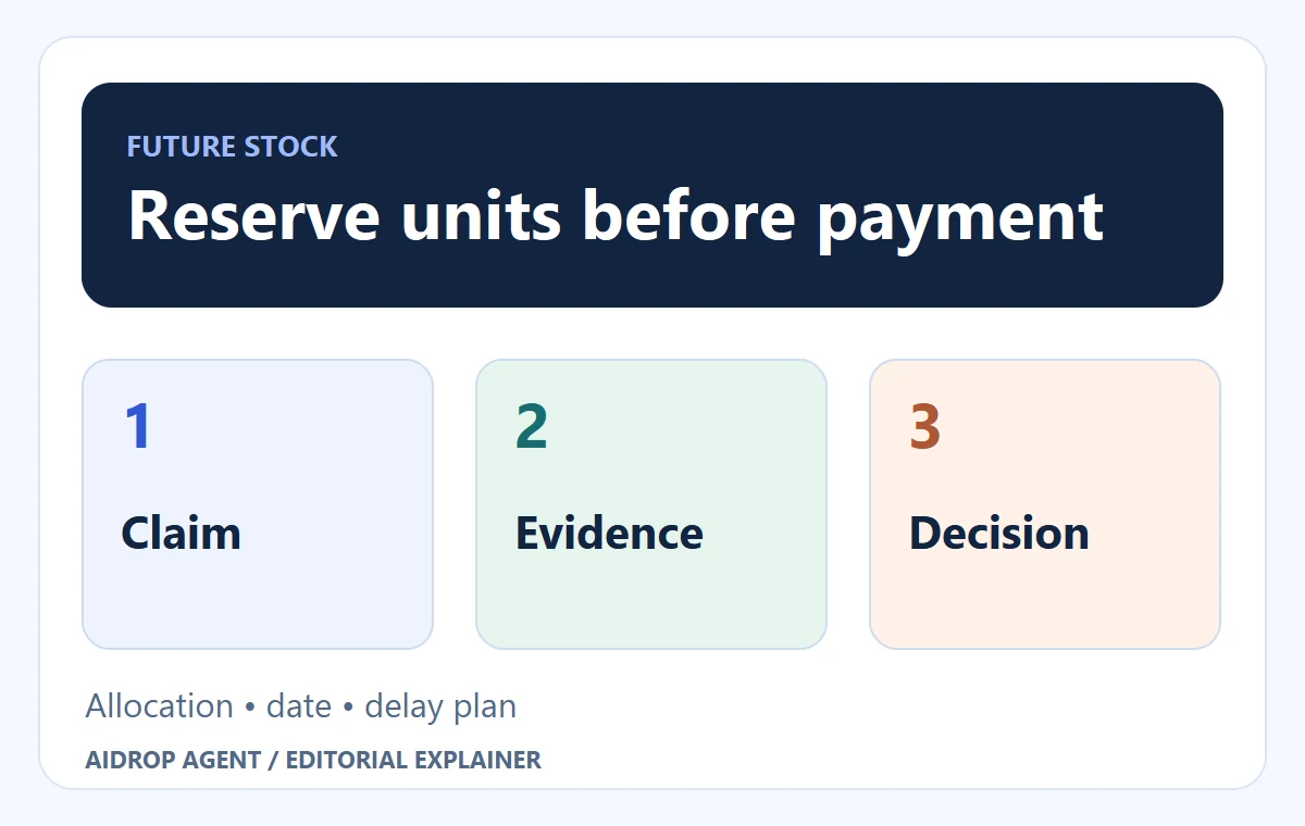 Editorial conceptual graphic for Dropshipping Preorders: Sell Only the Stock You Can Date and Trace: Reserve units before payment; Allocation • date • delay plan.