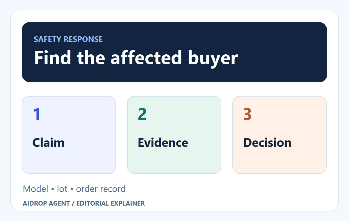 Editorial conceptual graphic for A Recalled Dropshipping Product: Stop the Listing and Find Every Buyer: Find the affected buyer; Model • lot • order record.