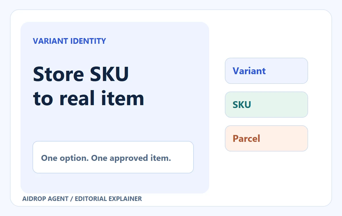 Editorial concept for Dropshipping SKU Mapping: Make Every Store Variant Reach the Right Item: One option. One approved item..