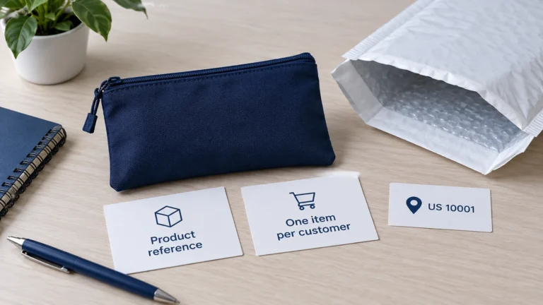 Illustrative navy pouch, one customer mailer and product-reference, order-pattern and US10001 cards