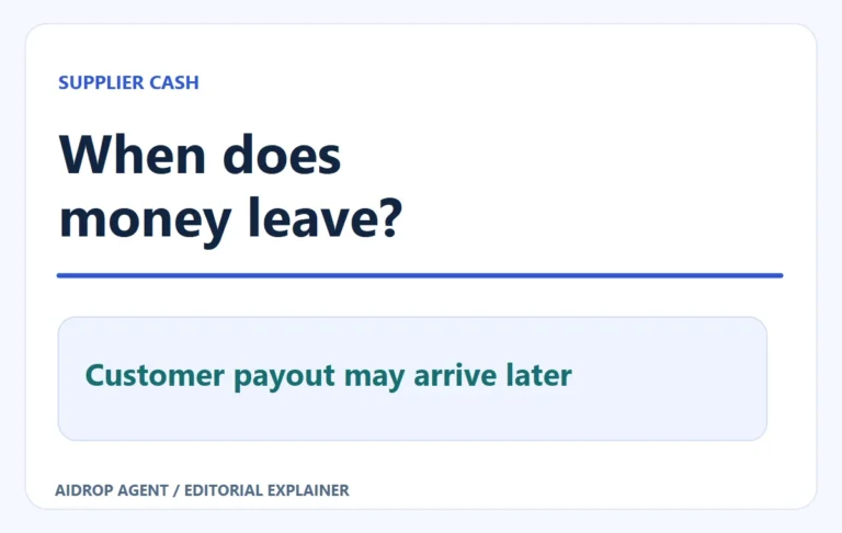 Editorial conceptual graphic for Dropshipping Supplier Payment Terms: Know When Cash Leaves Your Account: When does money leave?; Customer payout may arrive later.