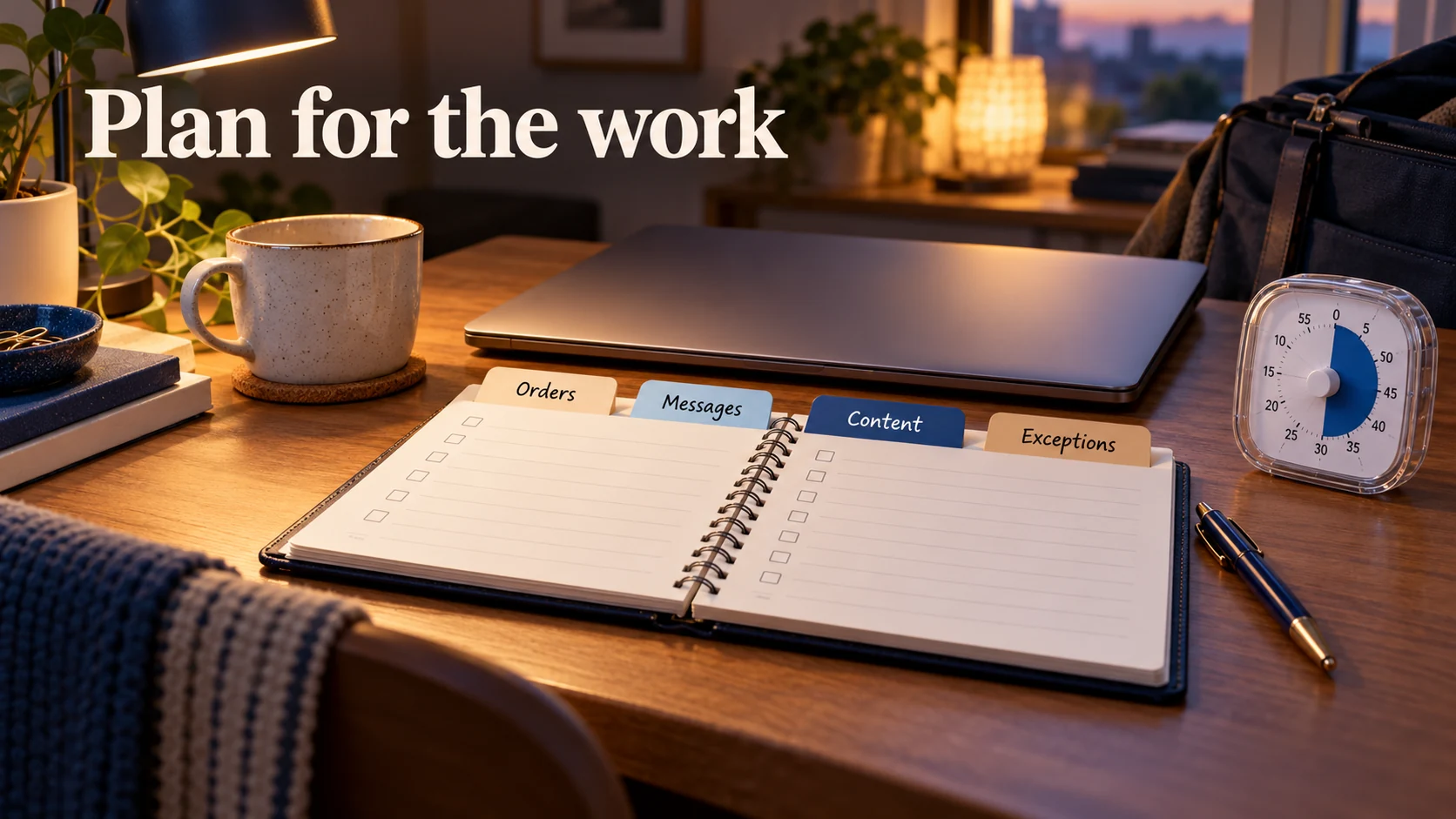 Illustrative evening planner with orders, messages, content and exceptions competing for time
