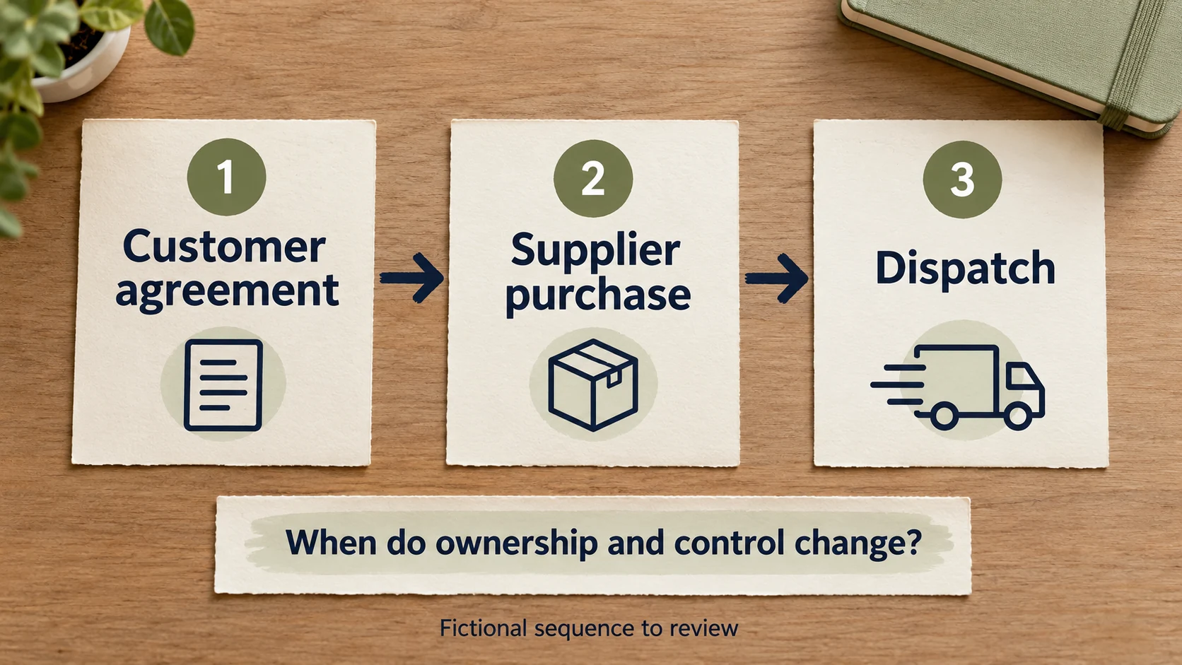 Fictional sequence lists customer agreement, supplier purchase and dispatch, with a separate question about when ownership and control change.