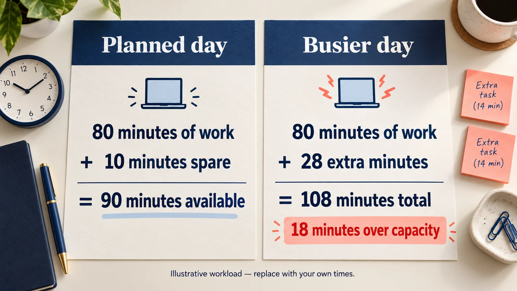 Illustrative 80 planned minutes and 10 spare compared with 108 minutes after 28 extra, exceeding capacity by 18
