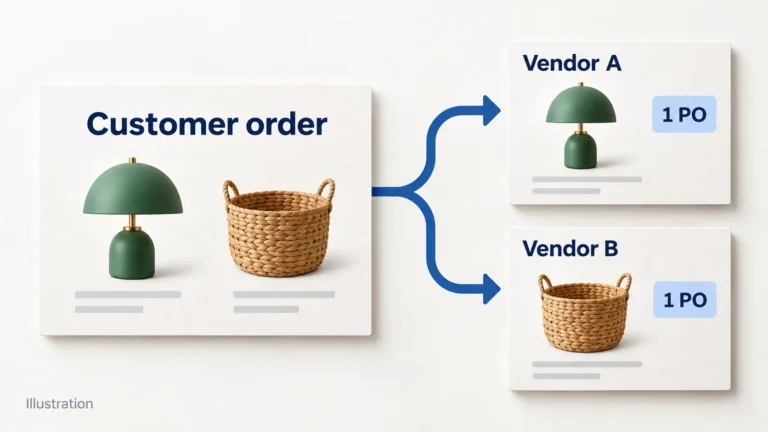 One illustrated customer order containing a lamp and basket branches into two separate vendor purchase orders.