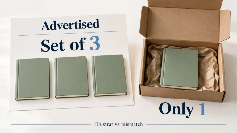 Teaching illustration shows three notebooks in an advertised set beside a parcel containing only one notebook.