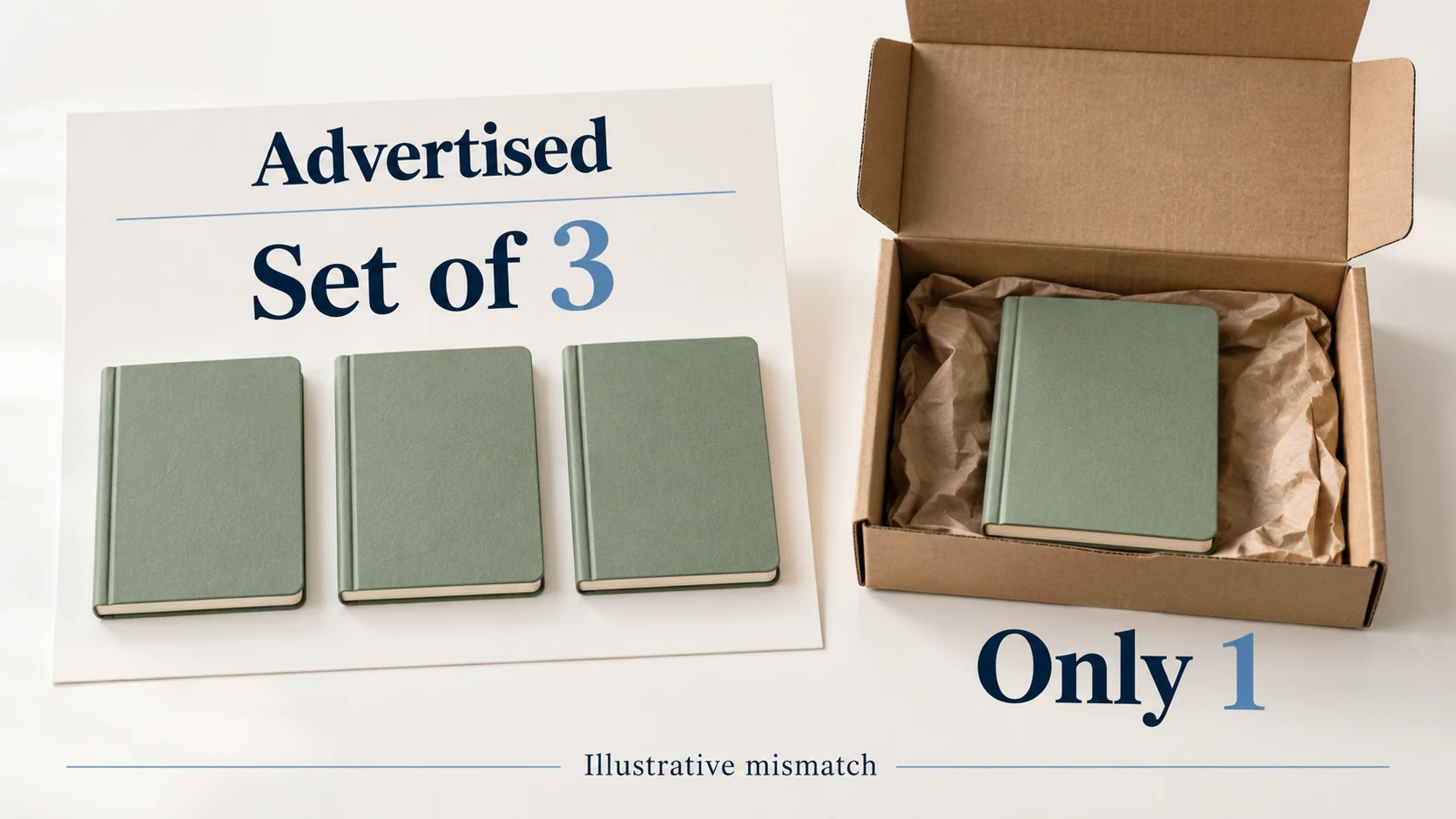 Teaching illustration shows three notebooks in an advertised set beside a parcel containing only one notebook.