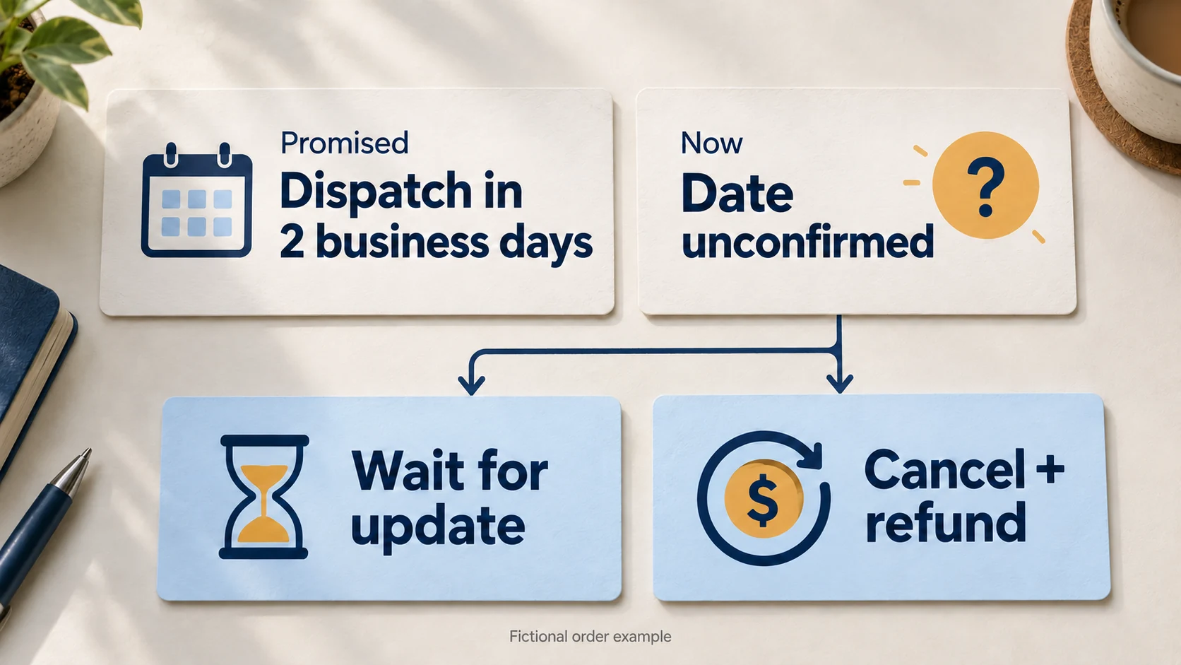 Fictional order promised dispatch in two business days now has an unconfirmed date, with choices to wait for an update or cancel for a refund.