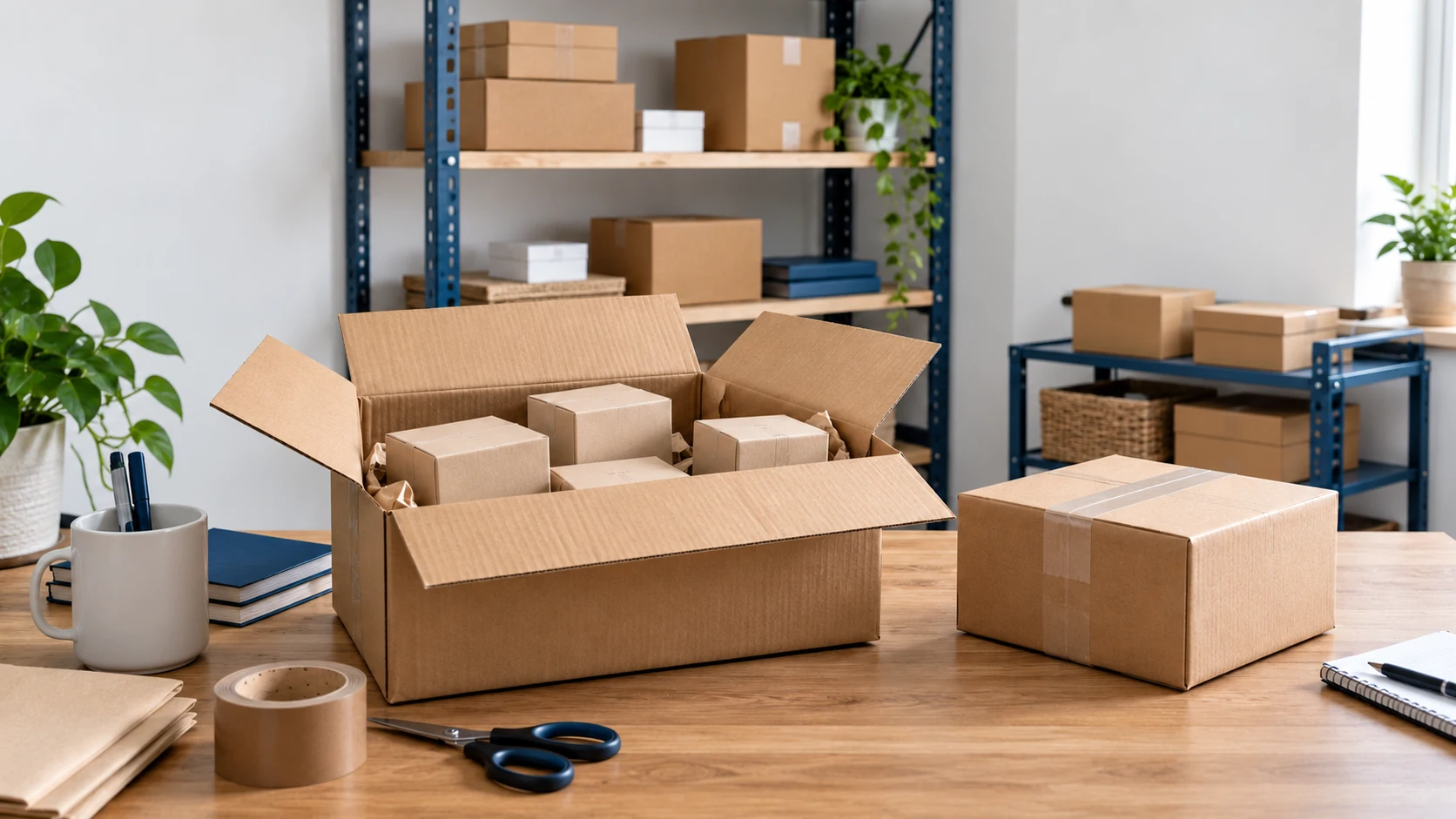 Wholesale cartons and smaller customer mailers at a packing table.