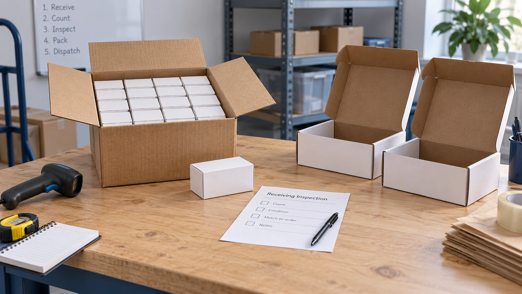 Receiving and counting wholesale goods precedes retail dispatch.