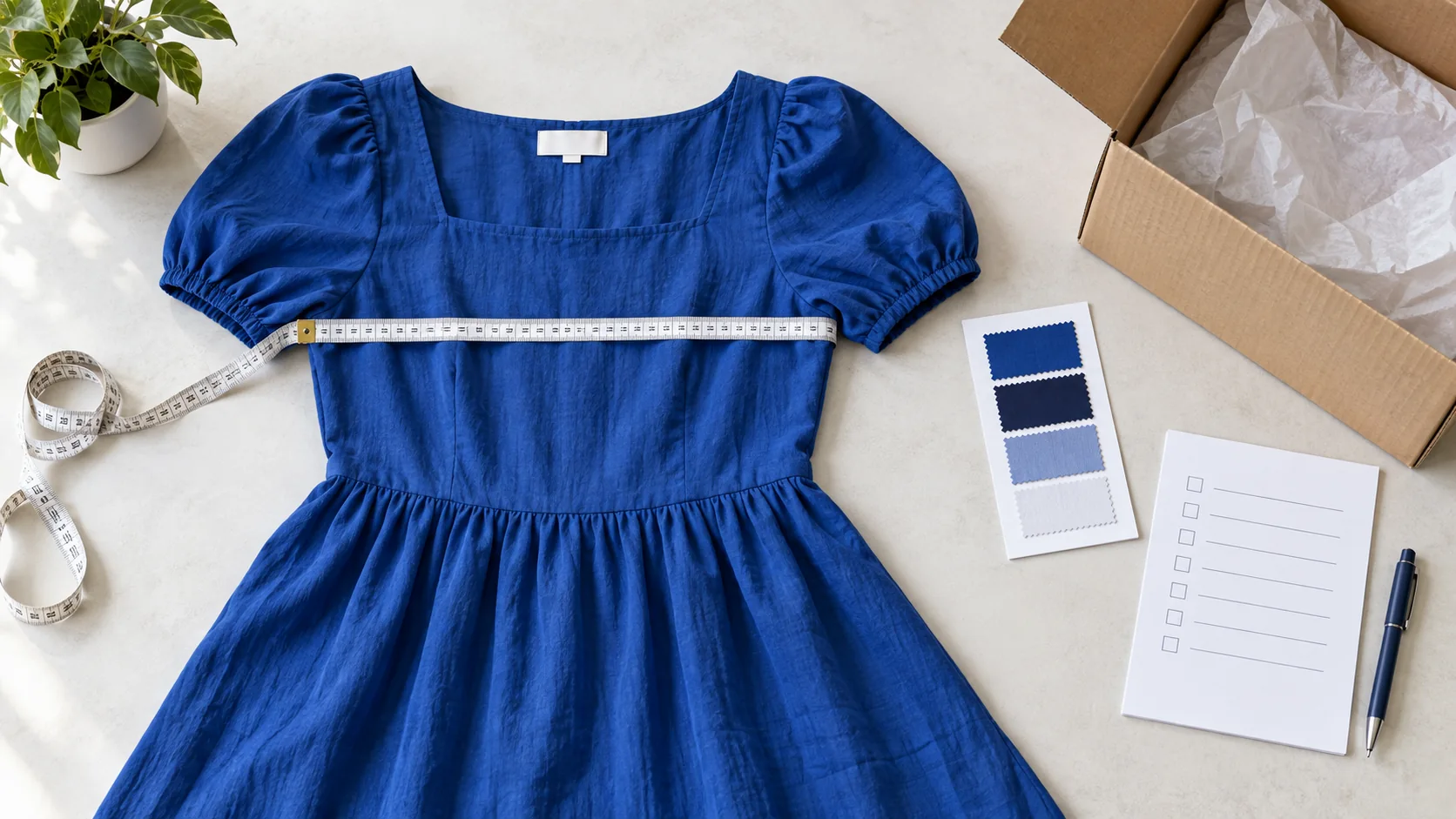 Illustrative blue dress with a measuring tape, fabric swatches, open carton and blank inspection checklist.