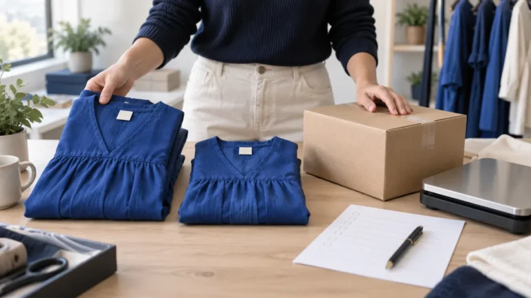 Conceptual fashion order check comparing two sizes of a blue garment beside a parcel and shipping scale.