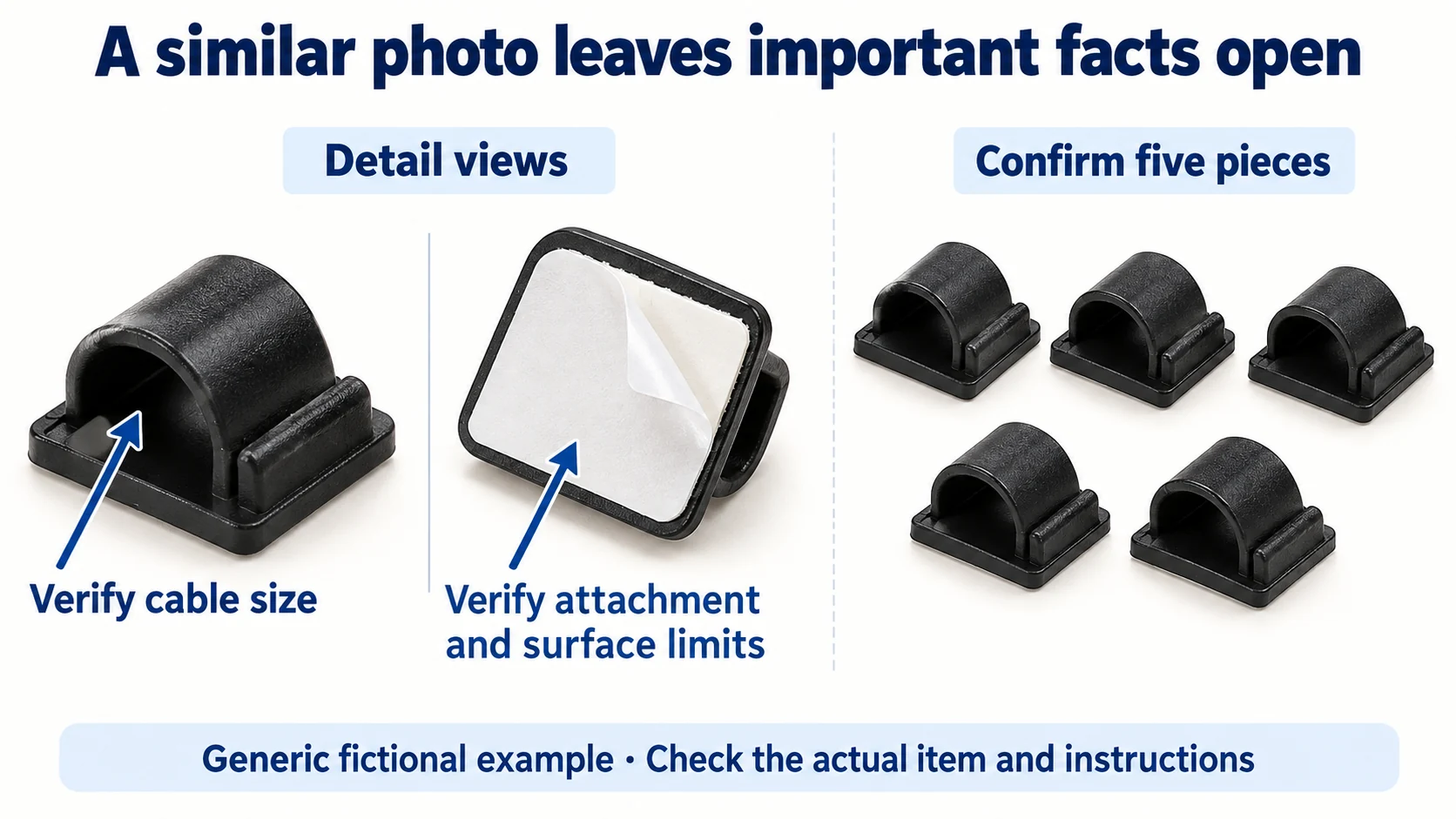 Generic fictional adhesive cable clip detail views identify the cable opening and adhesive underside, separate from an exactly five-piece group.