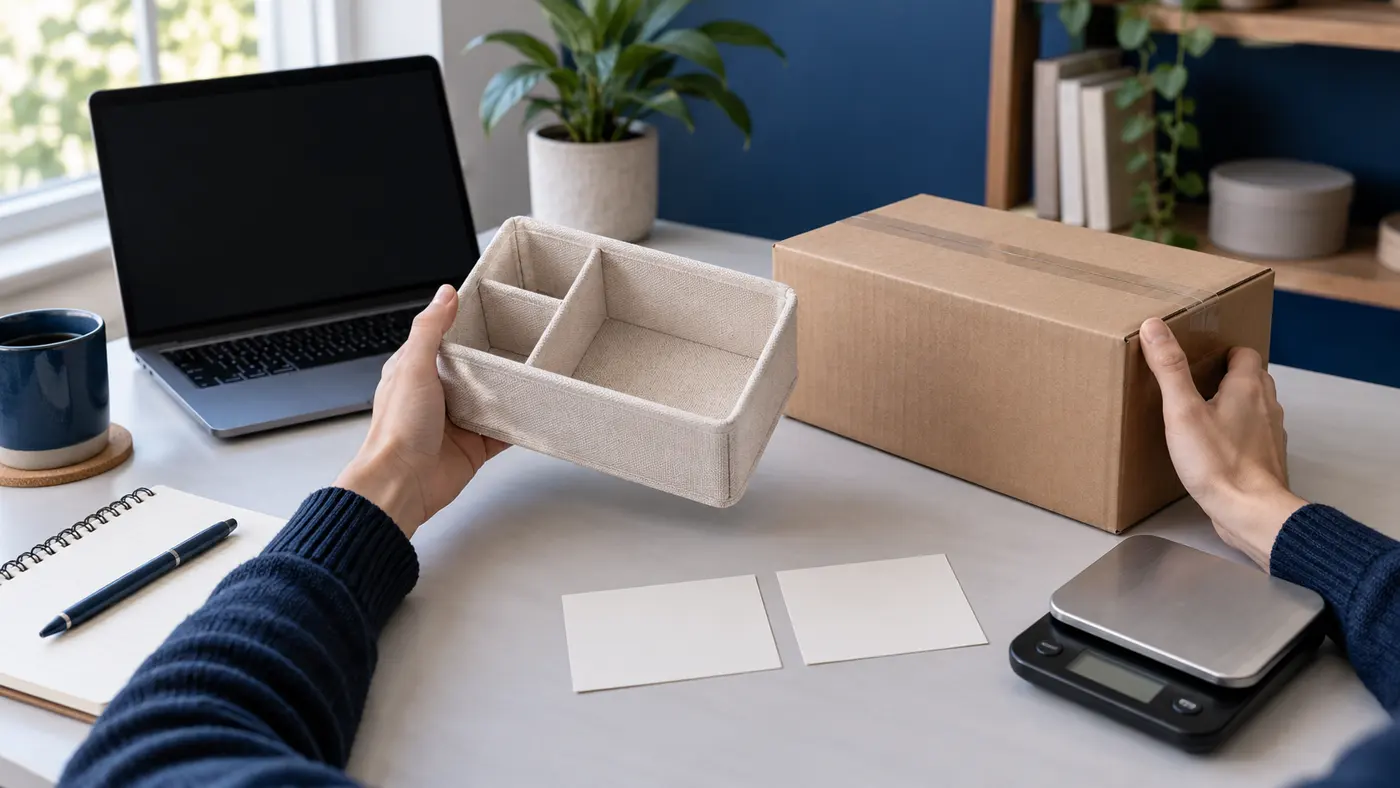 Conceptual first-order test comparing a home organizer, parcel and blank cost cards beside a scale.