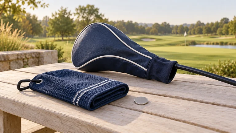 A generic navy driver headcover fitted over a driver club, a separate coordinating folded golf towel with a clip, and a small plain ball marker on a pale bench. Practical accessory grouping, no brands, golf scores or pho