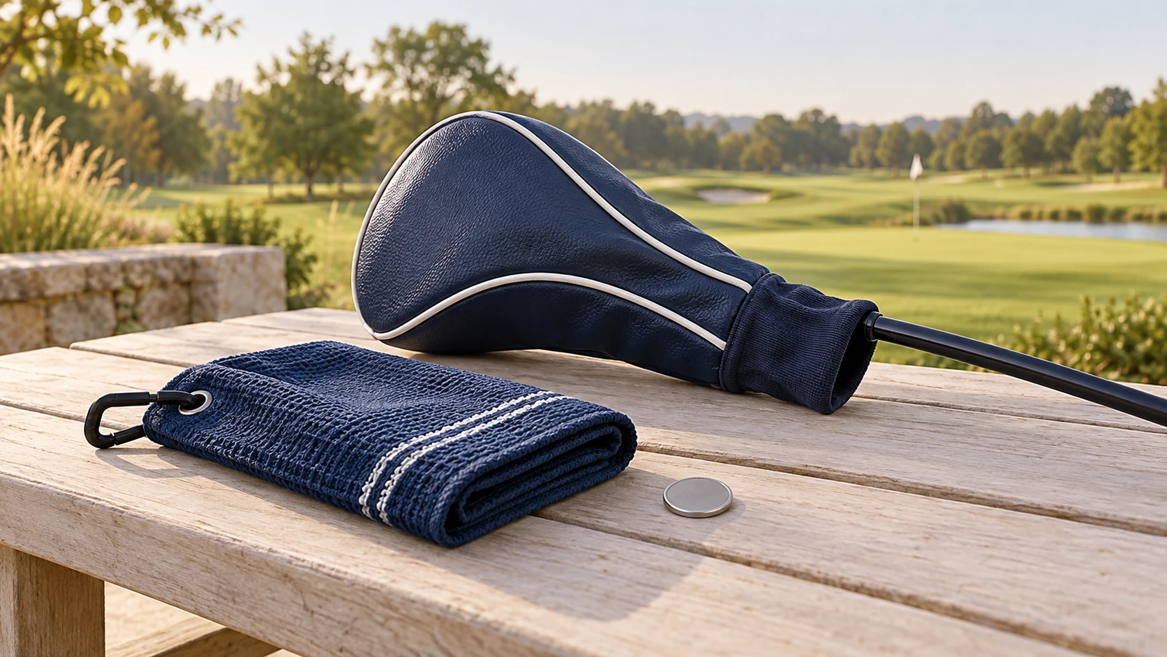 A generic navy driver headcover fitted over a driver club, a separate coordinating folded golf towel with a clip, and a small plain ball marker on a pale bench. Practical accessory grouping, no brands, golf scores or pho