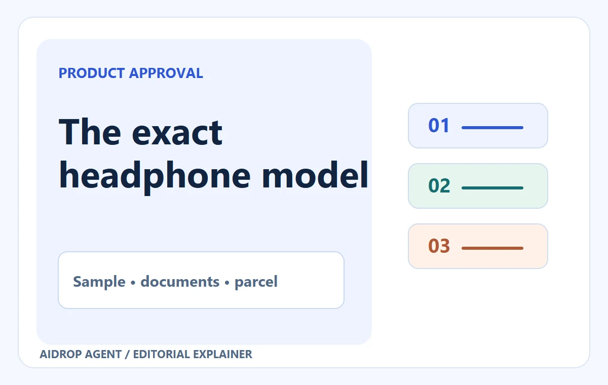 Editorial conceptual graphic for Headphones Dropshipping: Test the Exact Model Before You Sell It: The exact headphone model; Sample • documents • parcel.