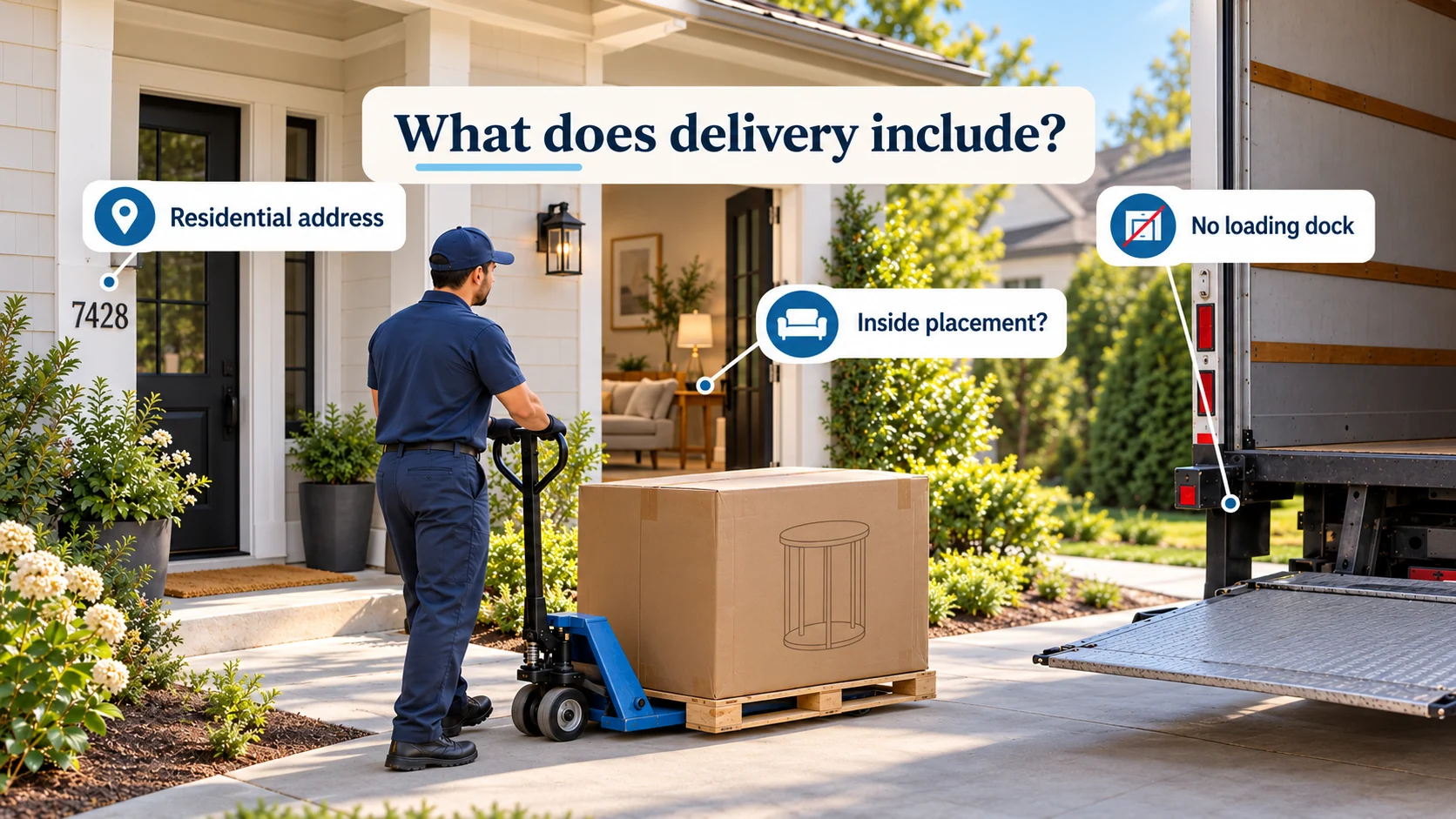 Illustration separates a residential address without a loading dock from a customer's request for indoor placement of a boxed table.