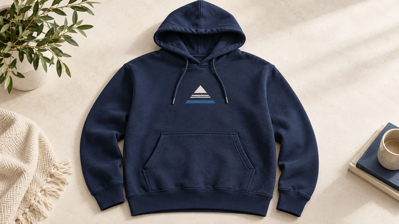 Navy pullover hoodie with a small chest design above its pocket