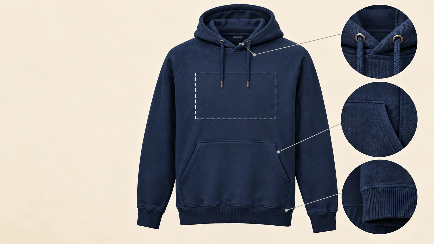 A hood, cords, zipper or pocket change available print placement; the exact template controls the usable area.