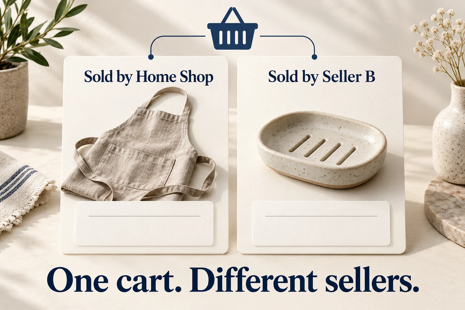 Illustrative apron sold by Home Shop and soap dish sold by Seller B share a cart but retain separate seller labels