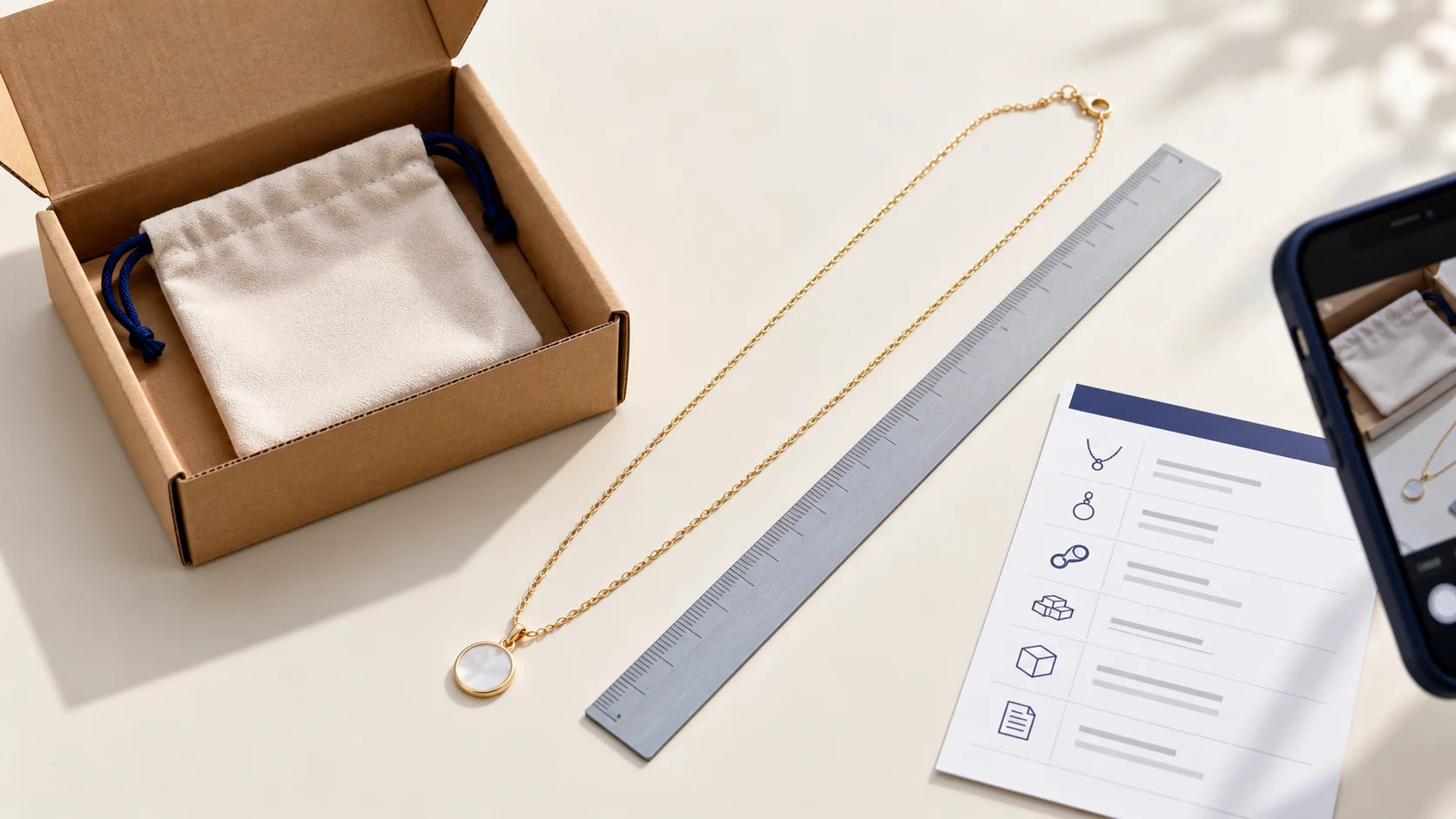 Illustrative necklace sample beside its pouch, parcel box, ruler and product record