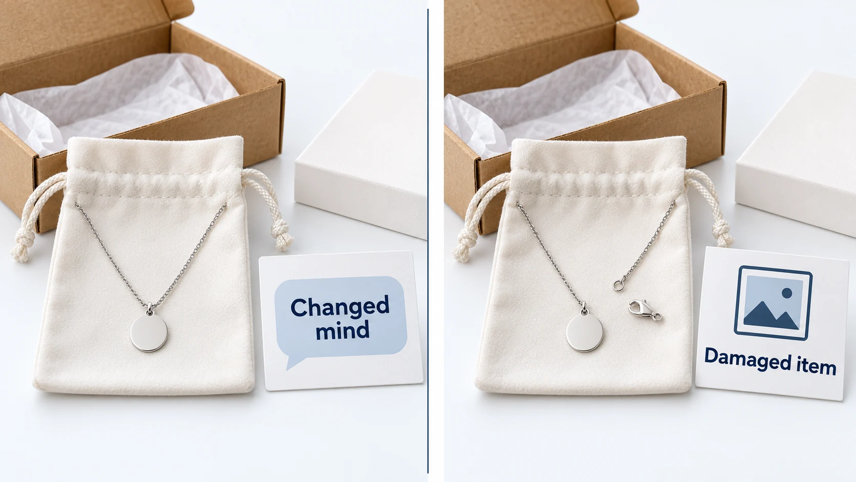 Illustration comparing an intact necklace returned for preference with a necklace having a detached clasp