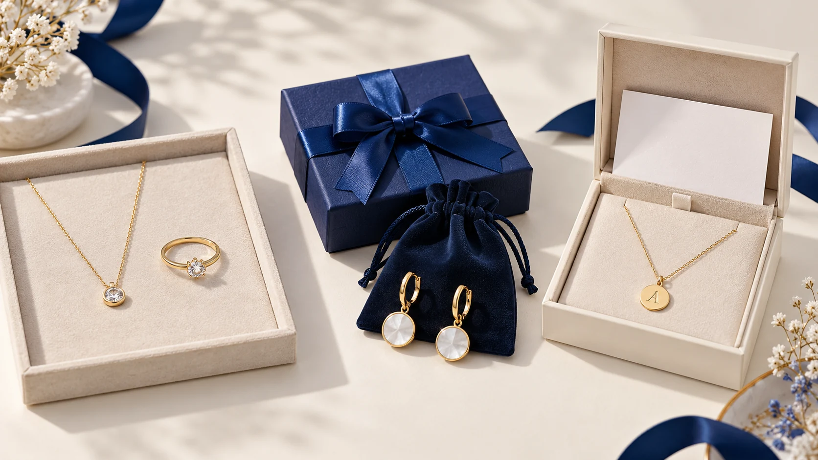 Illustrative catalog jewelry, branded presentation and personalized gift packaging