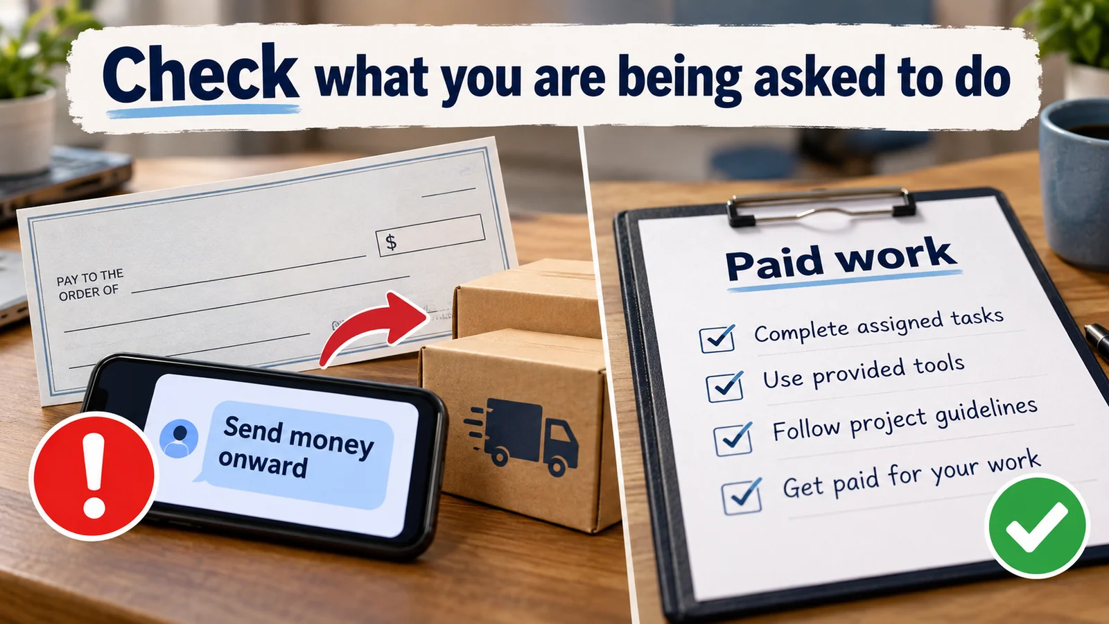 Illustration: A paid job should not require forwarding a fake check payment.