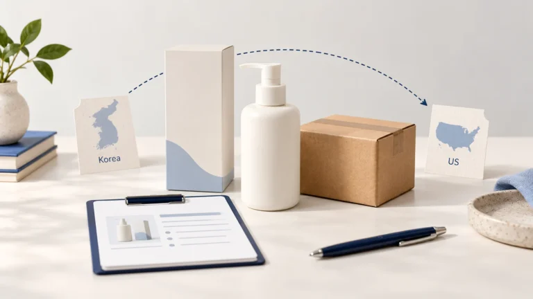 Editorial illustration of an unbranded cleanser, product record and Korea-to-US shipment concept