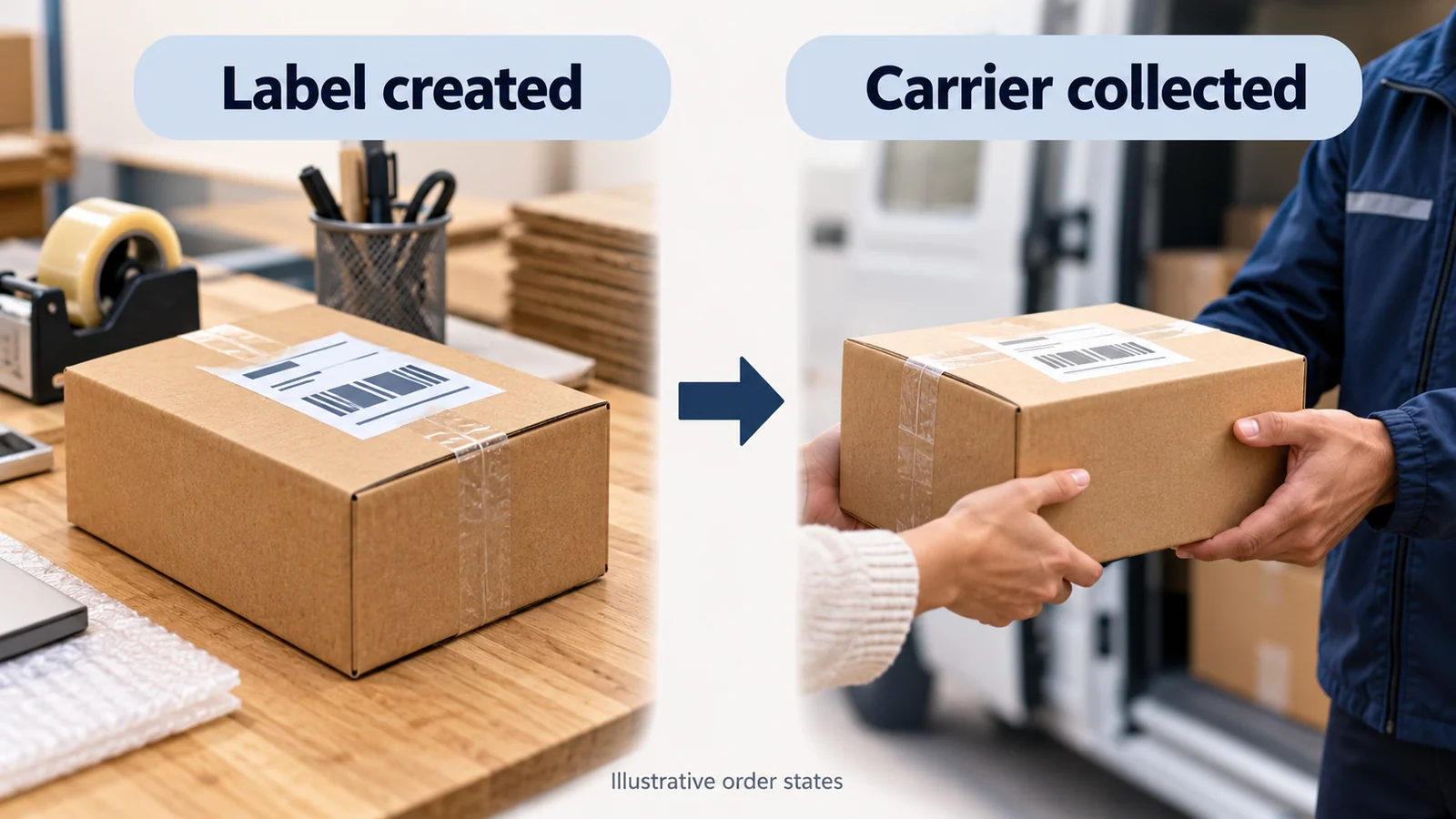 Illustration: A shipping label alone does not prove carrier collection.