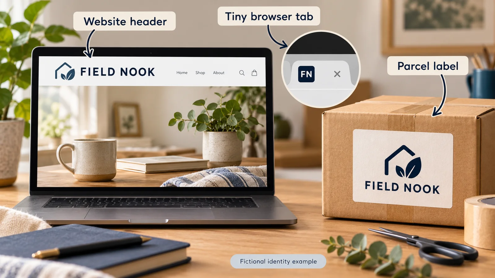 Illustration: A recognizable mark has versions for a header, tiny tab and printed parcel.