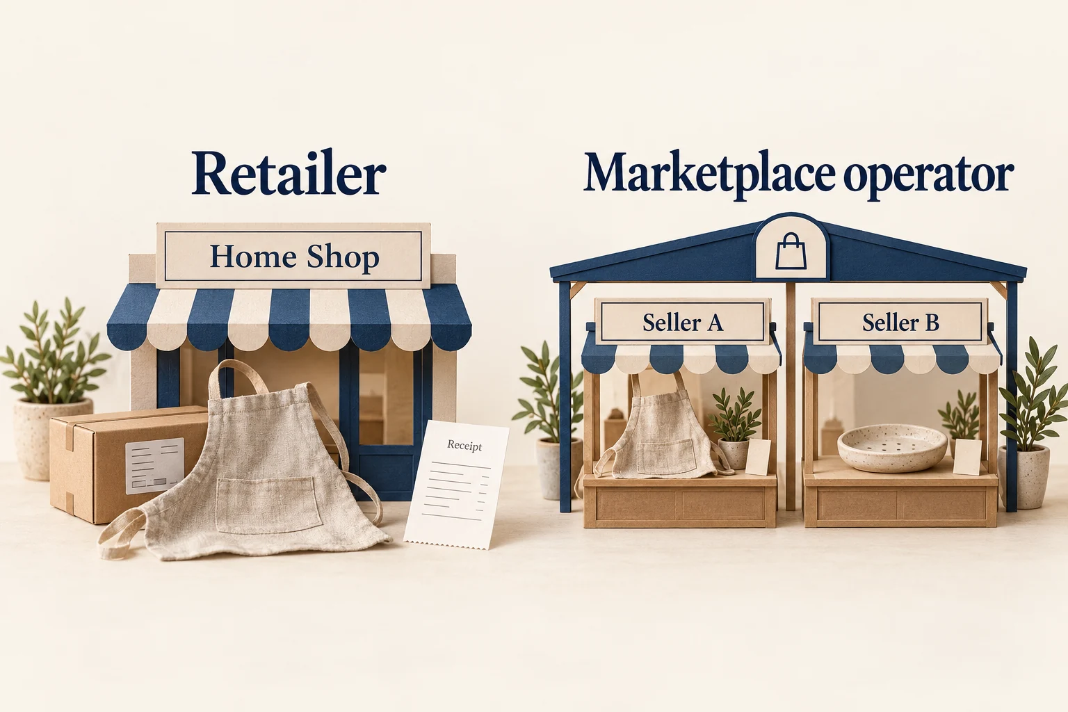 Illustrative retailer storefront compared with a marketplace venue containing independent Seller A and Seller B