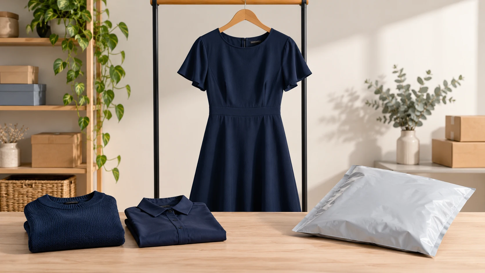 Navy dress on a hanger with folded garments and a customer mailer.