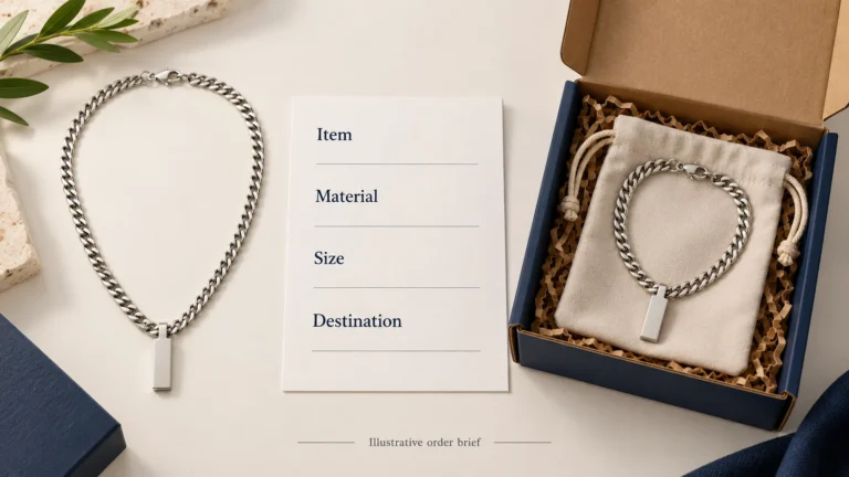 Illustrative necklace, customer parcel and blank item/material/size/destination enquiry card.