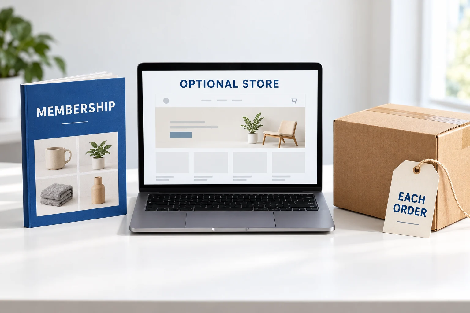 A catalog booklet, generic optional storefront and separate order carton illustrate three different purchases.