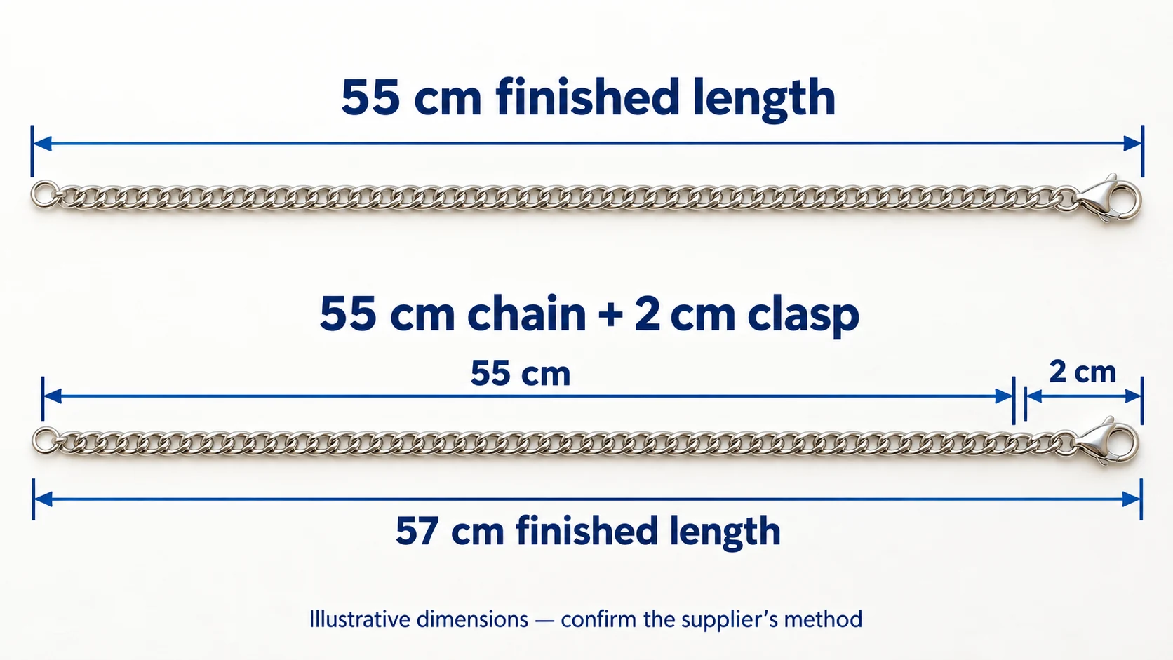Schematic comparison of 55cm finished necklace length and a 55cm chain section plus2cm clasp, totaling57cm.