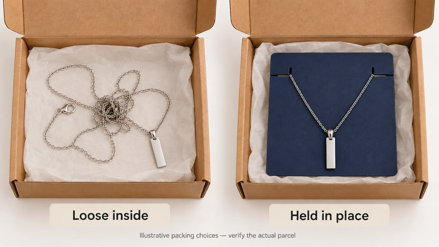 A loose tangled bar-pendant chain and another held by two slits in an unbranded jewelry card.