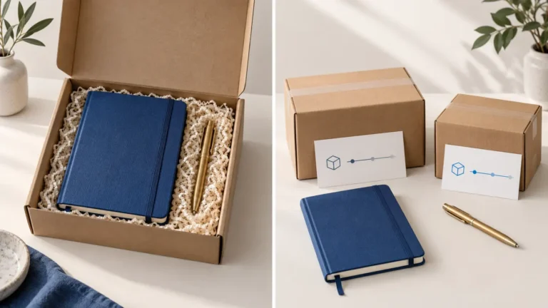 Conceptual comparison of a notebook and pen packed in one gift box versus shipped in two parcels.