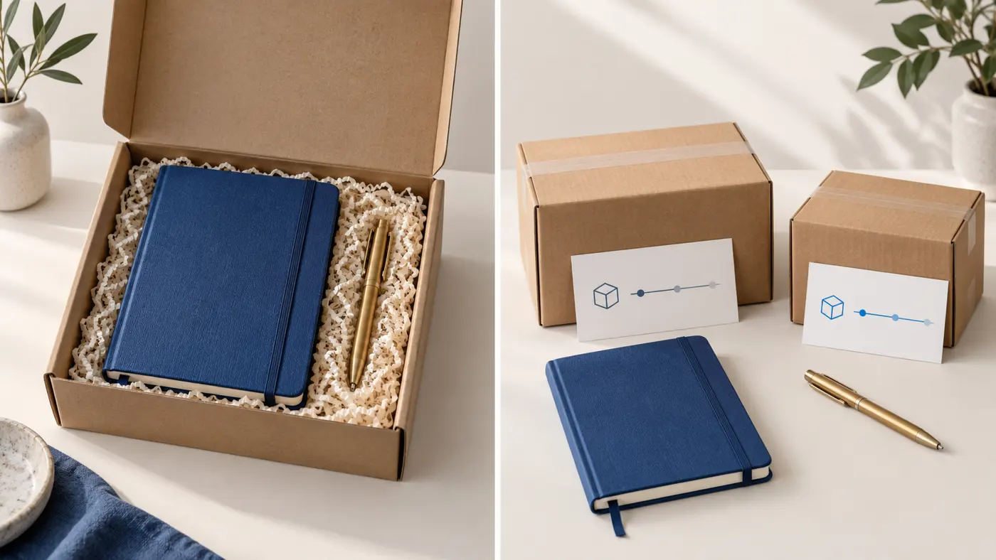 Conceptual comparison of a notebook and pen packed in one gift box versus shipped in two parcels.