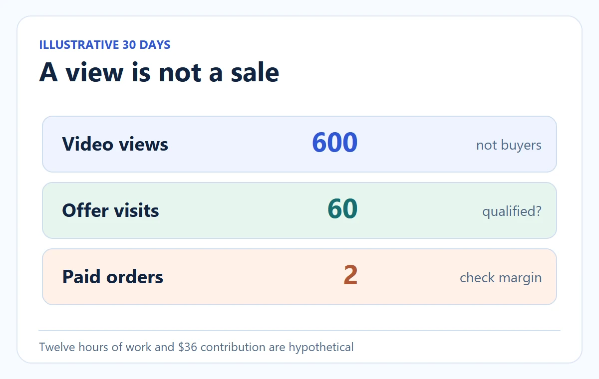 Conceptual diagram: A view is not a sale. Twelve hours of work and $36 contribution are hypothetical.