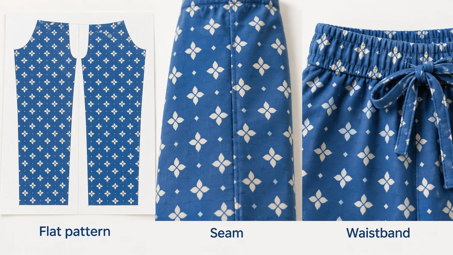 Artwork needs inspection on the garment seam and waistband, not only a flat mockup