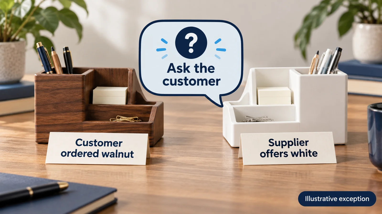 Illustration: A supplier substitution needs a customer decision rather than automatic acceptance.