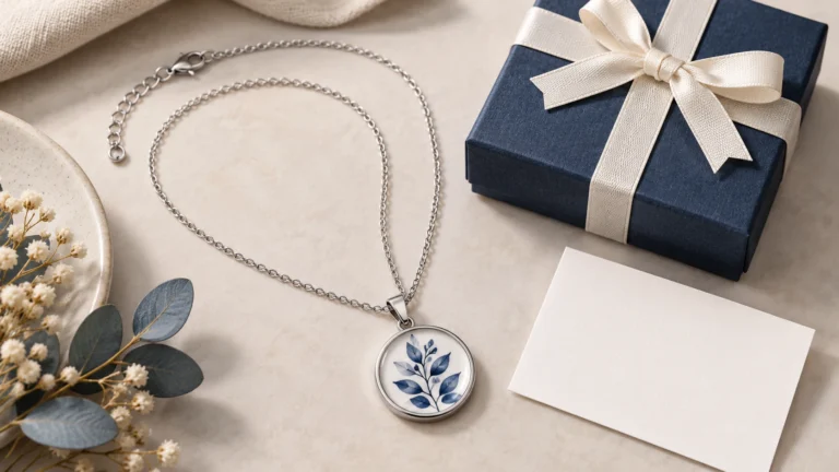 Pendant necklace with a chain, gift box and blank message card.