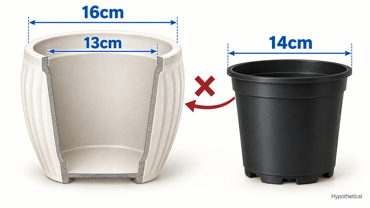 Outside diameter does not establish nursery-pot fit through the opening